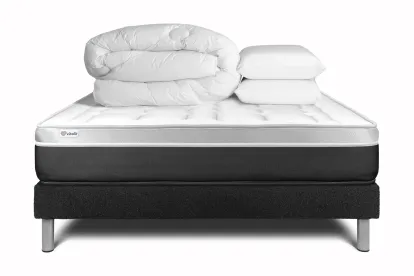 Pack lit complet 140x200 cm - Matelas + Sommier Noir (en kit) + 2 oreillers + Couette - Vital Soft