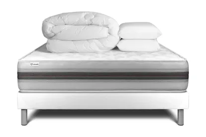 Pack lit complet 160x200 cm - Matelas + Sommier Blanc (en kit) + 2 oreillers + Couette - Vitalmemo Back