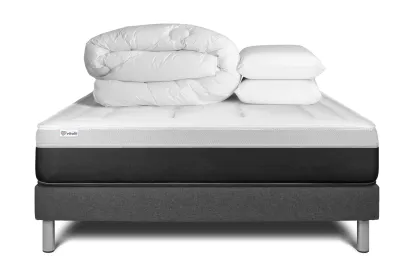 Pack lit complet 140x190 cm - Matelas + Sommier Gris (en kit) + 2 oreillers + Couette - Vital Form