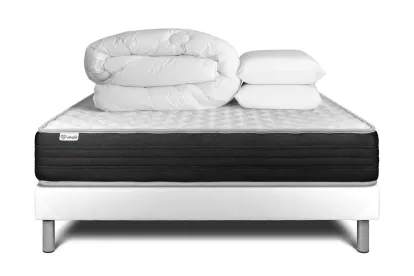 Pack lit complet 200x200 cm - Matelas + Sommier Blanc (en kit) + 2 oreillers + Couette - Vitalmemo One
