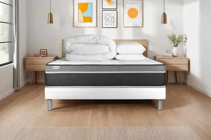 Pack lit complet 140x190 cm - Matelas + Sommier Blanc (en kit) + 2 oreillers + Couette - Vital Care