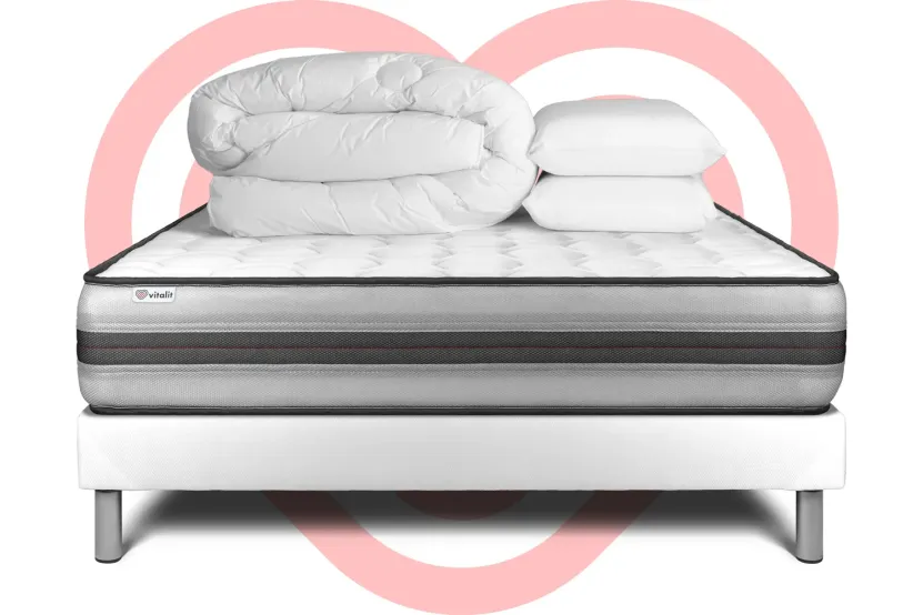 Pack lit complet 200x200 cm - Matelas + Sommier Blanc (en kit) + 2 oreillers + Couette - Vitalpower Recover