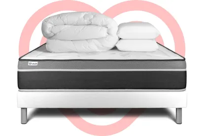 Pack lit complet 200x200 cm - Matelas + Sommier Blanc (en kit) + 2 oreillers + Couette - Vital Care