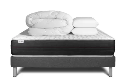 Pack lit complet 200x200 cm - Matelas + Sommier Gris (en kit) + 2 oreillers + Couette - Vitalspring