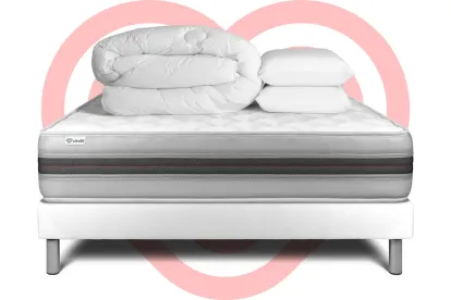 Pack lit complet 180x200 cm - Matelas + Sommier Blanc (en kit) + 2 oreillers + Couette - Vitalmemo Back