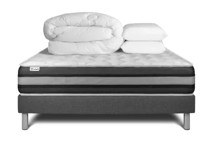 Pack lit complet 160x200 cm - Matelas + Sommier Gris (en kit) + 2 oreillers + Couette - Vitalspring Zen