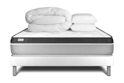 Pack lit complet 160x200 cm - Matelas + Sommier Blanc (en kit) + 2 oreillers + Couette - Vital Ergo