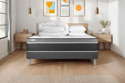 Pack lit complet 140x200 cm - Matelas + Sommier Gris (en kit) + 2 oreillers + Couette - Vital Care
