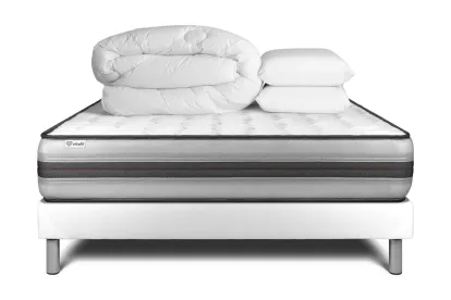Pack lit complet 180x200 cm - Matelas + Sommier Blanc (en kit) + 2 oreillers + Couette - Vitalpower Recover