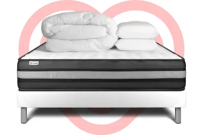 Pack lit complet 160x200 cm - Matelas + Sommier Blanc (en kit) + 2 oreillers + Couette - Vital Power Zen