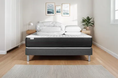 Pack lit complet 140x200 cm - Matelas + Sommier Gris (en kit) + 2 oreillers + Couette - Vitalspring