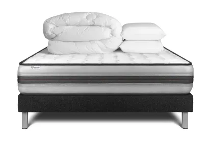 Pack lit complet 200x200 cm - Matelas + Sommier Noir (en kit) + 2 oreillers + Couette - Vitalpower Recover