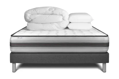 Pack lit complet 200x200 cm - Matelas + Sommier Gris (en kit) + 2 oreillers + Couette - Vitalpower Recover