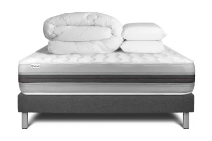 Pack lit complet 140x190 cm - Matelas + Sommier Gris (en kit) + 2 oreillers + Couette - Vitalspring Recover