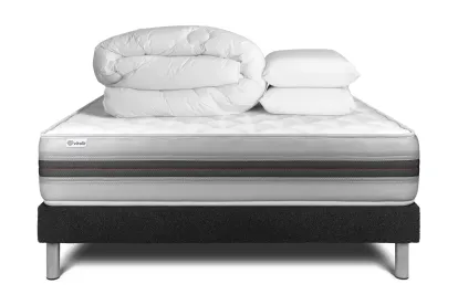 Pack lit complet 140x200 cm - Matelas + Sommier Noir (en kit) + 2 oreillers + Couette - Vitalmemo Back