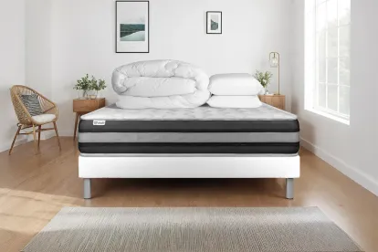 Pack lit complet 140x190 cm - Matelas + Sommier Blanc (en kit) + 2 oreillers + Couette - Vitalspring Zen