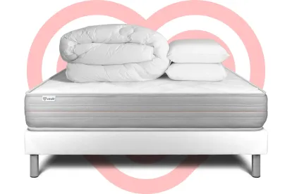 Pack lit complet 200x200 cm - Matelas + Sommier Blanc (en kit) + 2 oreillers + Couette - Vitalmemo