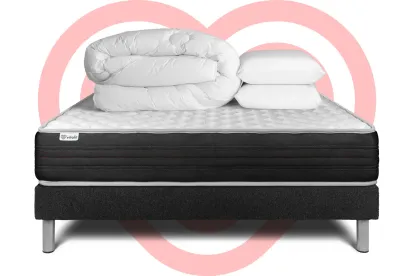 Pack lit complet 200x200 cm - Matelas + Sommier Noir (en kit) + 2 oreillers + Couette - Vitalmemo One