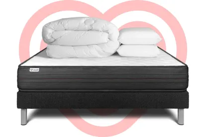 Pack lit complet 140x190 cm - Matelas + Sommier Noir (en kit) + 2 oreillers + Couette - Vitalpower