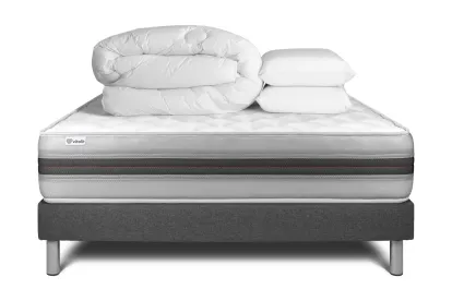 Pack lit complet 160x200 cm - Matelas + Sommier Gris (en kit) + 2 oreillers + Couette - Vitalmemo Back