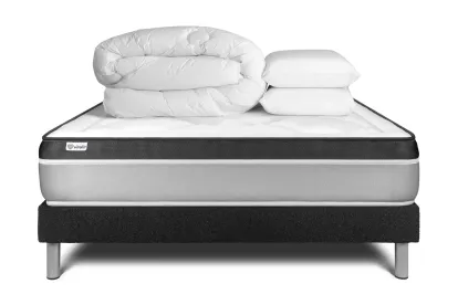 Pack lit complet 140x200 cm - Matelas + Sommier Noir (en kit) + 2 oreillers + Couette - Vital Ergo