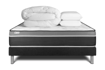 Pack lit complet 140x190 cm - Matelas + Sommier Noir (en kit) + 2 oreillers + Couette - Vital Care