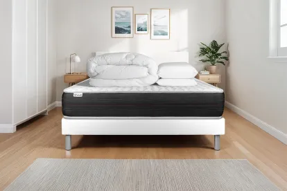 Pack lit complet 140x190 cm - Matelas + Sommier Blanc (en kit) + 2 oreillers + Couette - Vitalspring