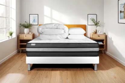 Pack lit complet 140x190 cm - Matelas + Sommier Blanc (en kit) + 2 oreillers + Couette - Vital Power Zen