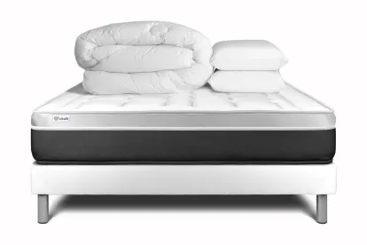 Pack lit complet 140x200 cm - Matelas + Sommier Blanc (en kit) + 2 oreillers + Couette - Vital Soft