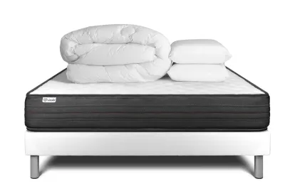 Pack lit complet 200x200 cm - Matelas + Sommier Blanc (en kit) + 2 oreillers + Couette - Vitalpower