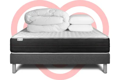 Pack lit complet 180x200 cm - Matelas + Sommier Gris (en kit) + 2 oreillers + Couette - Vitalmemo One
