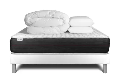Pack lit complet 200x200 cm - Matelas + Sommier Blanc (en kit) + 2 oreillers + Couette - Vitalspring