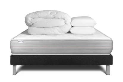 Pack lit complet 180x200 cm - Matelas + Sommier Noir (en kit) + 2 oreillers + Couette - Vitalmemo