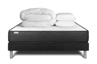Pack lit complet 140x190 cm - Matelas + Sommier Noir (en kit) + 2 oreillers + Couette - Vitalpower