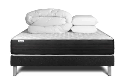Pack lit complet 200x200 cm - Matelas + Sommier Noir (en kit) + 2 oreillers + Couette - Vitalmemo One