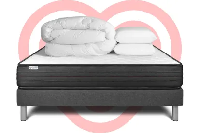 Pack lit complet 200x200 cm - Matelas + Sommier Gris (en kit) + 2 oreillers + Couette - Vitalpower