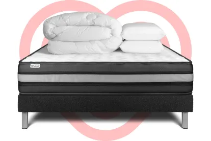 Pack lit complet 140x190 cm - Matelas + Sommier Noir (en kit) + 2 oreillers + Couette - Vital Power Zen