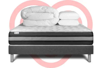 Pack lit complet 140x190 cm - Matelas + Sommier Gris (en kit) + 2 oreillers + Couette - Vitalspring Zen
