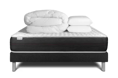 Pack lit complet 140x190 cm - Matelas + Sommier Noir (en kit) + 2 oreillers + Couette - Vitalspring