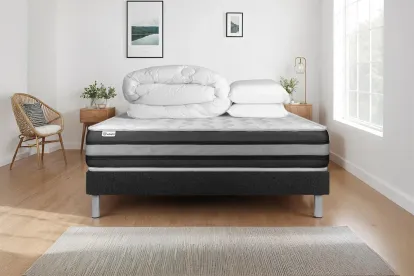 Pack lit complet 160x200 cm - Matelas + Sommier Noir (en kit) + 2 oreillers + Couette - Vitalspring Zen