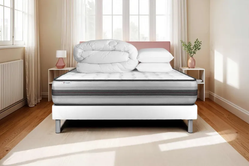 Pack lit complet 200x200 cm - Matelas + Sommier Blanc (en kit) + 2 oreillers + Couette - Vitalpower Recover