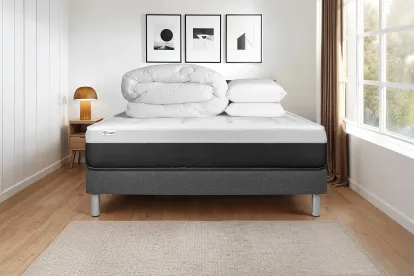 Pack lit complet 180x200 cm - Matelas + Sommier Gris (en kit) + 2 oreillers + Couette - Vital Form
