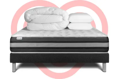 Pack lit complet 160x200 cm - Matelas + Sommier Noir (en kit) + 2 oreillers + Couette - Vitalspring Zen