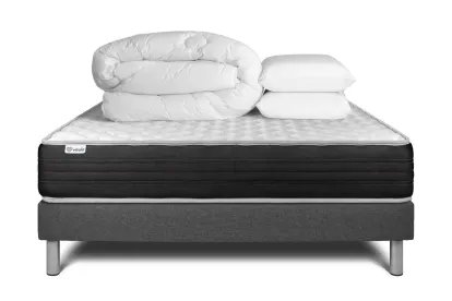 Pack lit complet 200x200 cm - Matelas + Sommier Gris (en kit) + 2 oreillers + Couette - Vitalmemo One