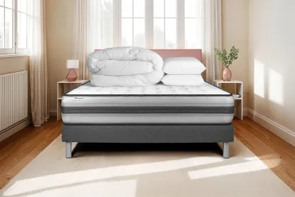 Pack lit complet 200x200 cm - Matelas + Sommier Gris (en kit) + 2 oreillers + Couette - Vitalpower Recover