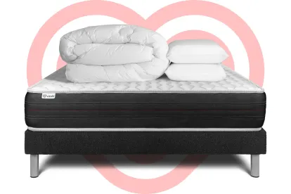 Pack lit complet 140x190 cm - Matelas + Sommier Noir (en kit) + 2 oreillers + Couette - Vitalspring