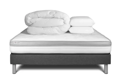 Pack lit complet 140x200 cm - Matelas + Sommier Gris (en kit) + 2 oreillers + Couette - Vital Relax