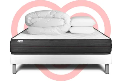 Pack lit complet 200x200 cm - Matelas + Sommier Blanc (en kit) + 2 oreillers + Couette - Vitalpower