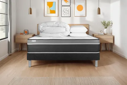 Pack lit complet 160x200 cm - Matelas + Sommier Noir (en kit) + 2 oreillers + Couette - Vital Care