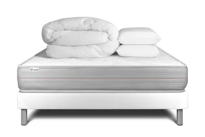Pack lit complet 180x200 cm - Matelas + Sommier Blanc (en kit) + 2 oreillers + Couette - Vitalmemo